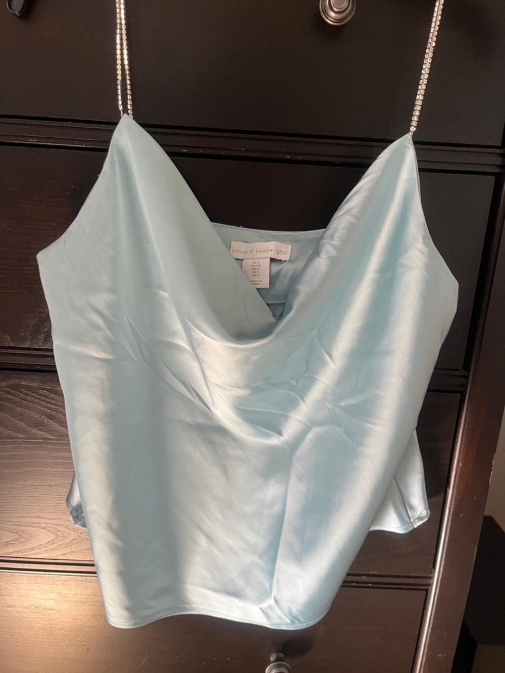 House of Harlow 1960 Light Blue Satin Cowl Camisole with Rhinestone Straps